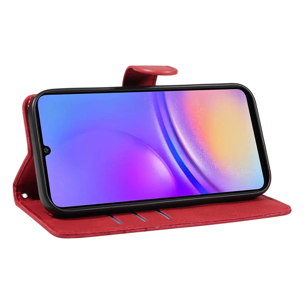 For Samsung Galaxy A08 5G / A08 4G / A07 4G / A06 4G / A06 5G Case Stand Wallet Leather Phone Cover Curved Line Wrist Strap - Red - 3
