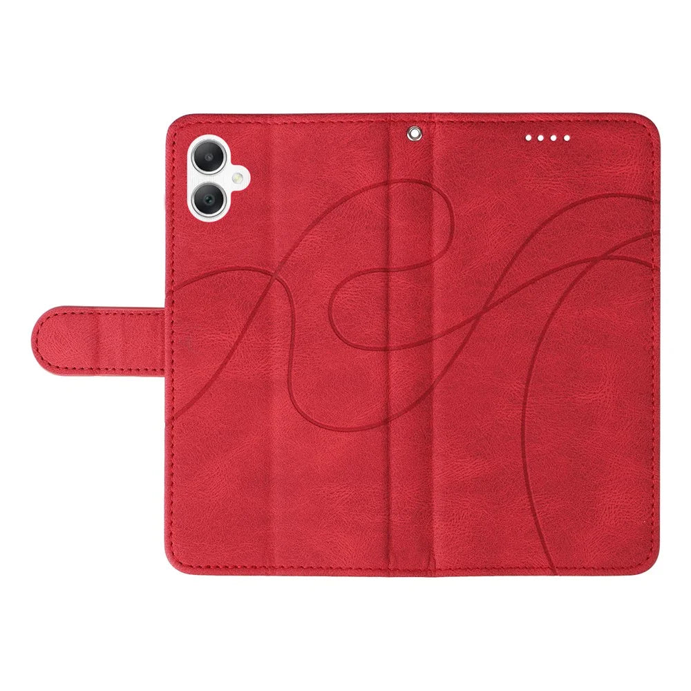 For Samsung Galaxy A08 5G / A08 4G / A07 4G / A06 4G / A06 5G Case Stand Wallet Leather Phone Cover Curved Line Wrist Strap - Red - 5