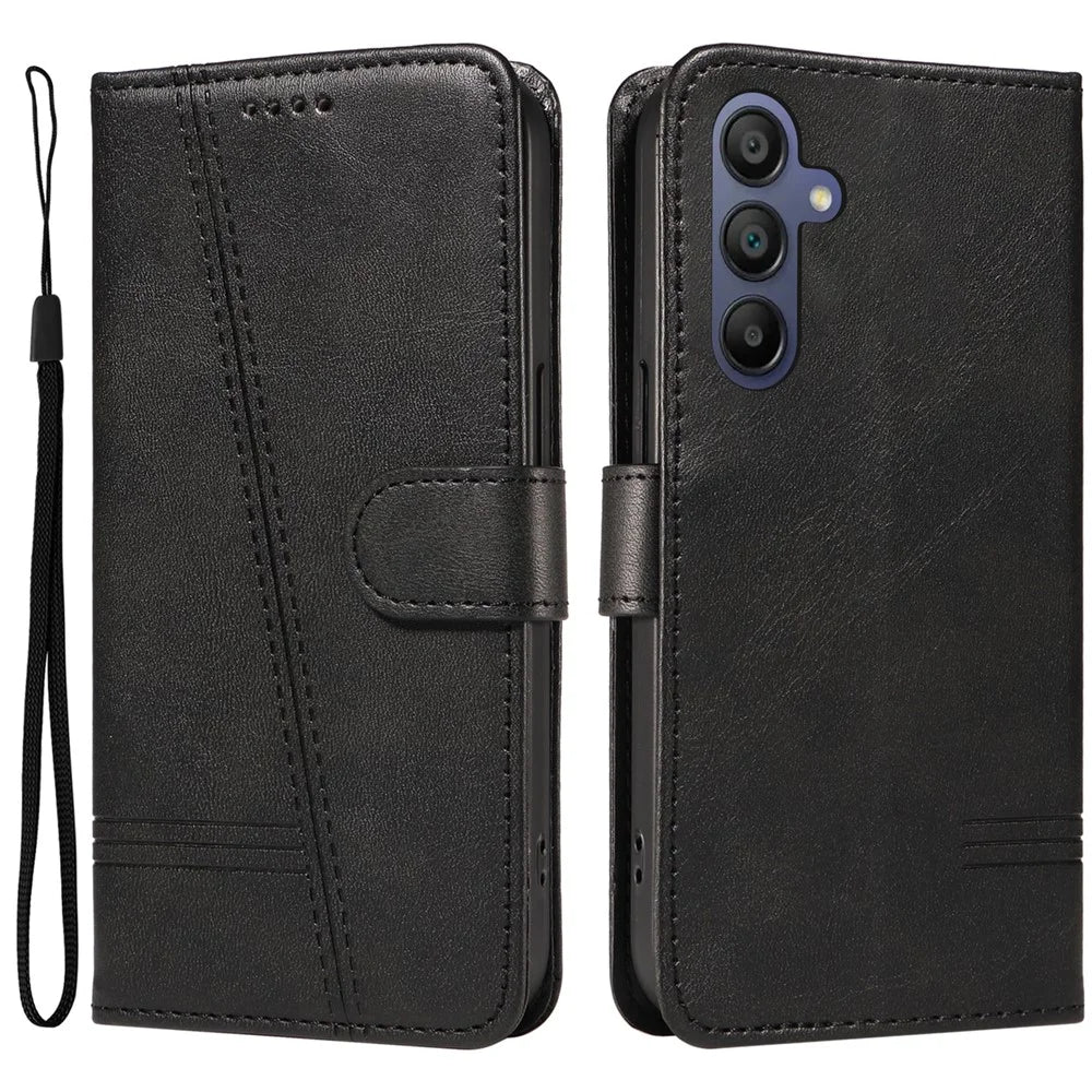 For Samsung Galaxy A18 5G / A17 5G / A17 4G / A26 5G / A16 5G / A16 4G Case Flip Wallet T-Shape Lines Leather Phone Cover - Black - 1