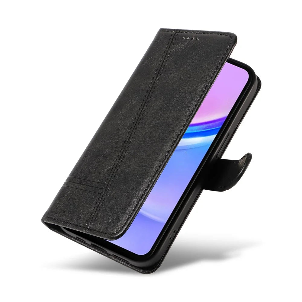 For Samsung Galaxy A18 5G / A17 5G / A17 4G / A26 5G / A16 5G / A16 4G Case Flip Wallet T-Shape Lines Leather Phone Cover - Black - 4