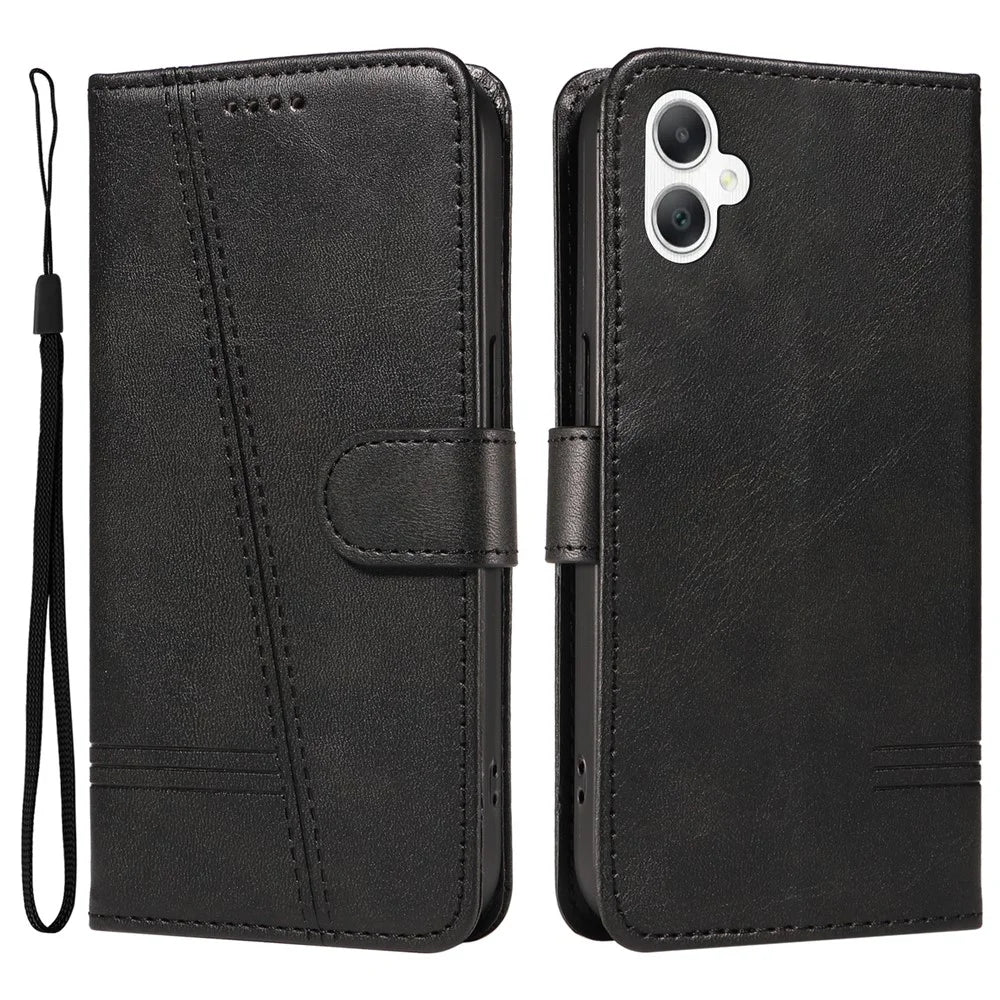 For Samsung Galaxy A08 5G / A08 4G / A07 4G / A06 4G / A06 5G Case Flip Wallet T-Shape Lines Leather Phone Cover - Black - 1