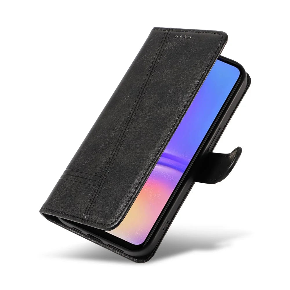 For Samsung Galaxy A08 5G / A08 4G / A07 4G / A06 4G / A06 5G Case Flip Wallet T-Shape Lines Leather Phone Cover - Black - 4