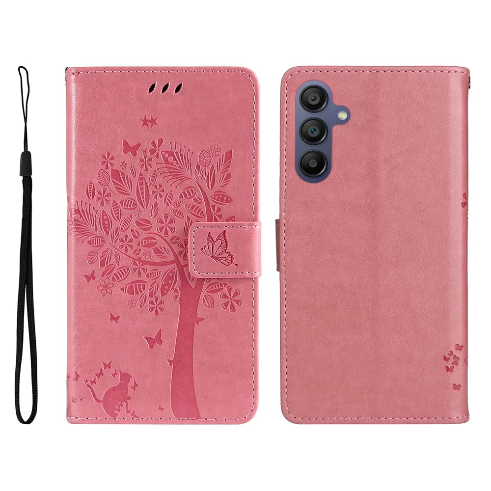 For Samsung Galaxy A18 5G / A17 5G / A17 4G / A26 5G / A16 5G / A16 4G Phone Case with Stand Cat Tree Pattern Leather Wallet Mobile Cover - Pink - 1