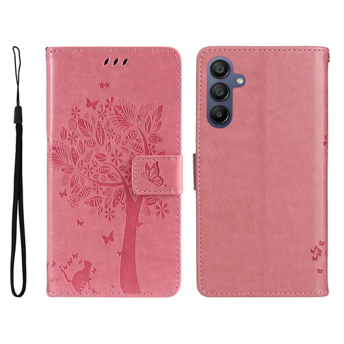 For Samsung Galaxy A18 5G / A17 5G / A17 4G / A26 5G / A16 5G / A16 4G Phone Case with Stand Cat Tree Pattern Leather Wallet Mobile Cover - Pink - 1
