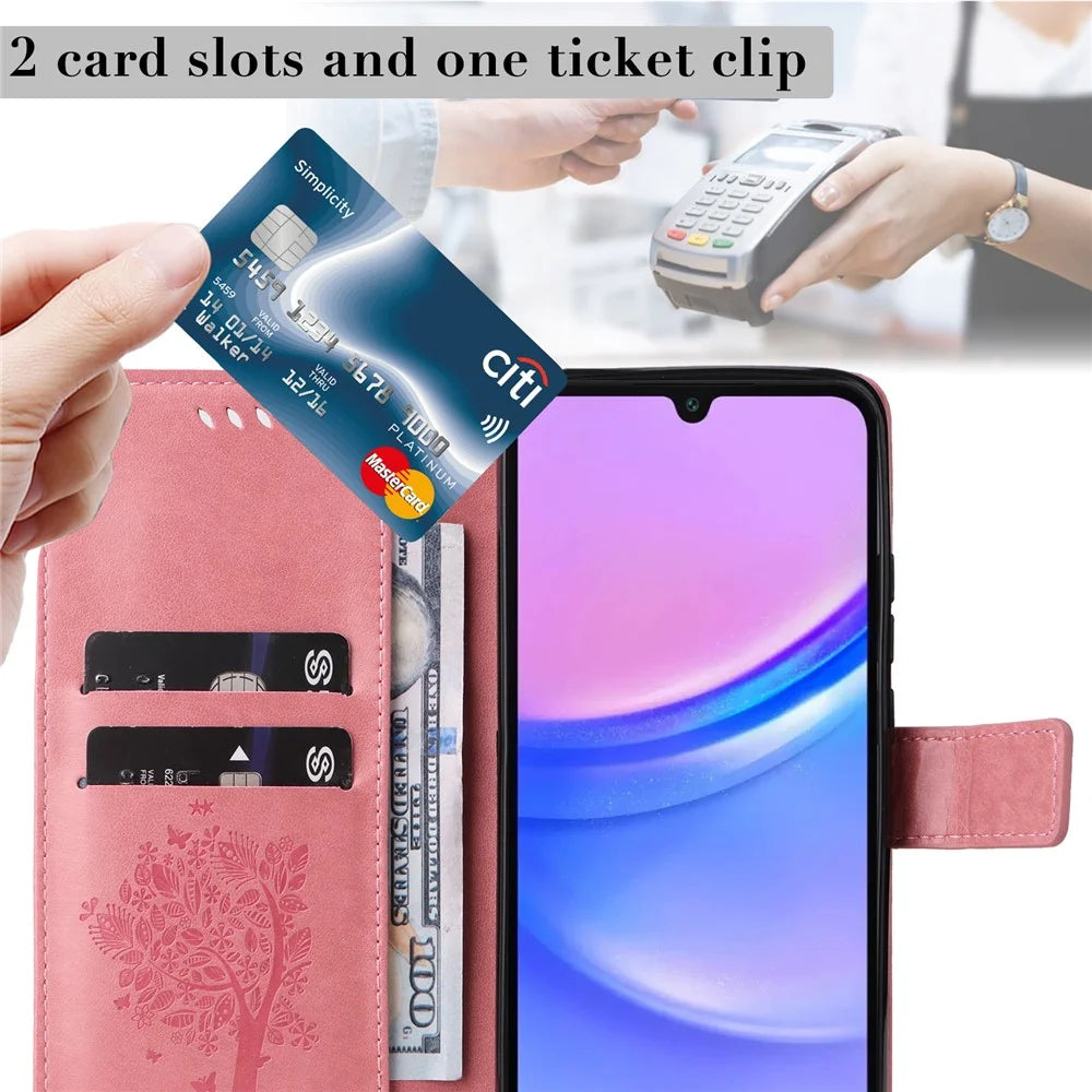 For Samsung Galaxy A18 5G / A17 5G / A17 4G / A26 5G / A16 5G / A16 4G Phone Case with Stand Cat Tree Pattern Leather Wallet Mobile Cover - Pink - 5
