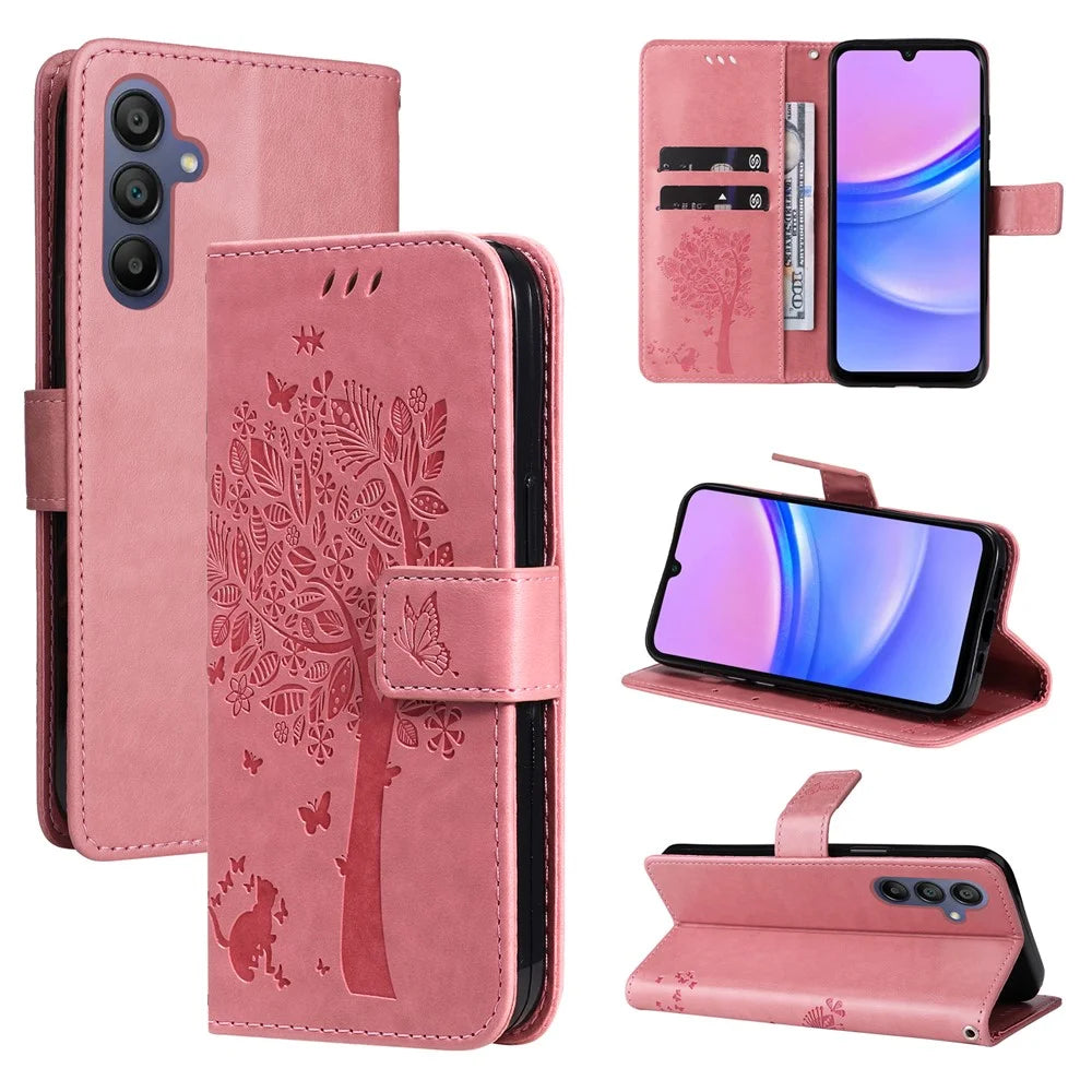 For Samsung Galaxy A18 5G / A17 5G / A17 4G / A26 5G / A16 5G / A16 4G Phone Case with Stand Cat Tree Pattern Leather Wallet Mobile Cover - Pink - 6