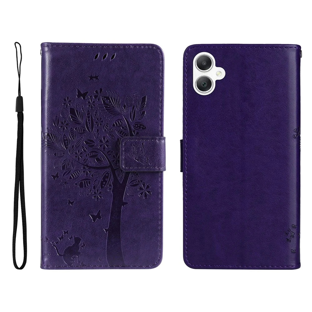 For Samsung Galaxy A08 5G / A08 4G / A07 4G / A06 4G / A06 5G Phone Case with Stand Cat Tree Pattern Leather Wallet Mobile Cover - Purple - 1