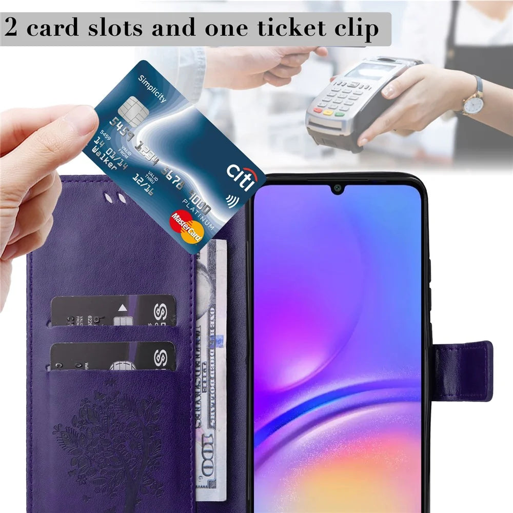 For Samsung Galaxy A08 5G / A08 4G / A07 4G / A06 4G / A06 5G Phone Case with Stand Cat Tree Pattern Leather Wallet Mobile Cover - Purple - 5