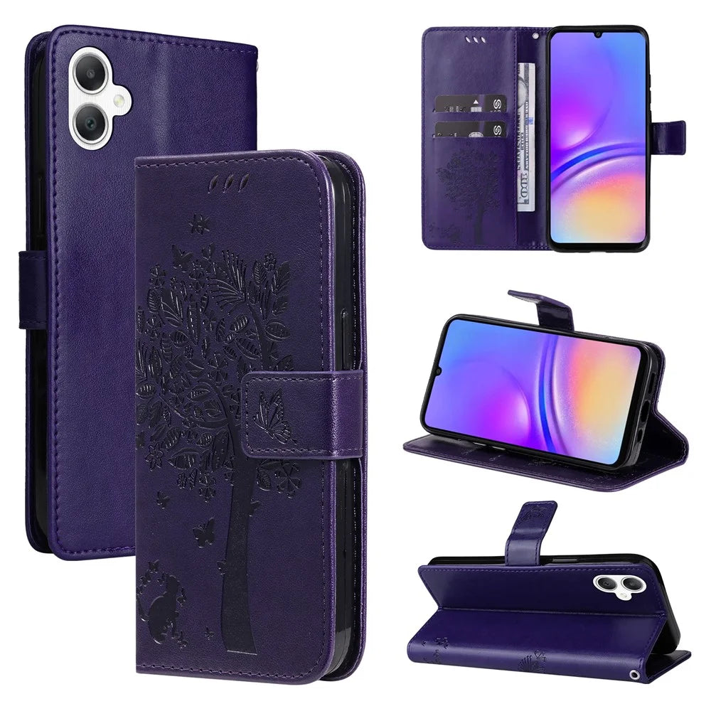 For Samsung Galaxy A08 5G / A08 4G / A07 4G / A06 4G / A06 5G Phone Case with Stand Cat Tree Pattern Leather Wallet Mobile Cover - Purple - 6
