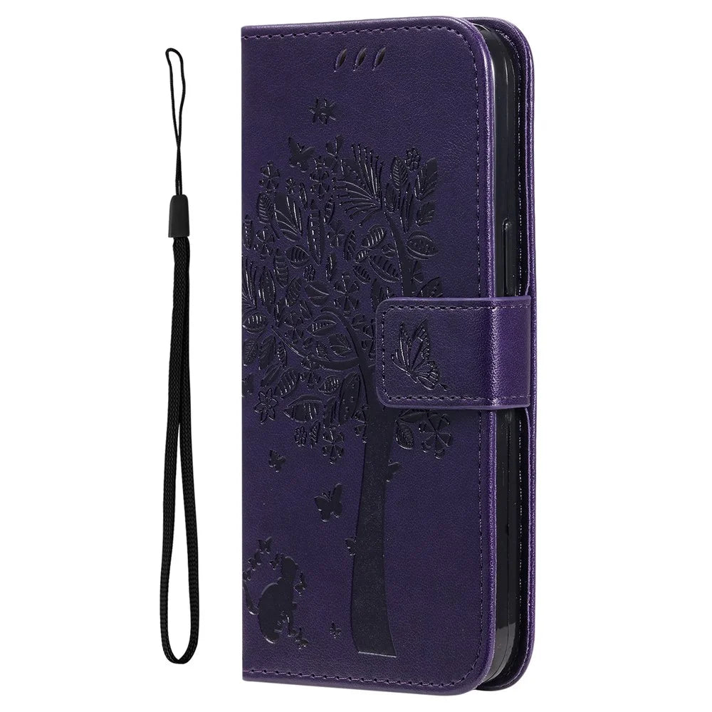 For Samsung Galaxy A08 5G / A08 4G / A07 4G / A06 4G / A06 5G Phone Case with Stand Cat Tree Pattern Leather Wallet Mobile Cover - Purple - 7
