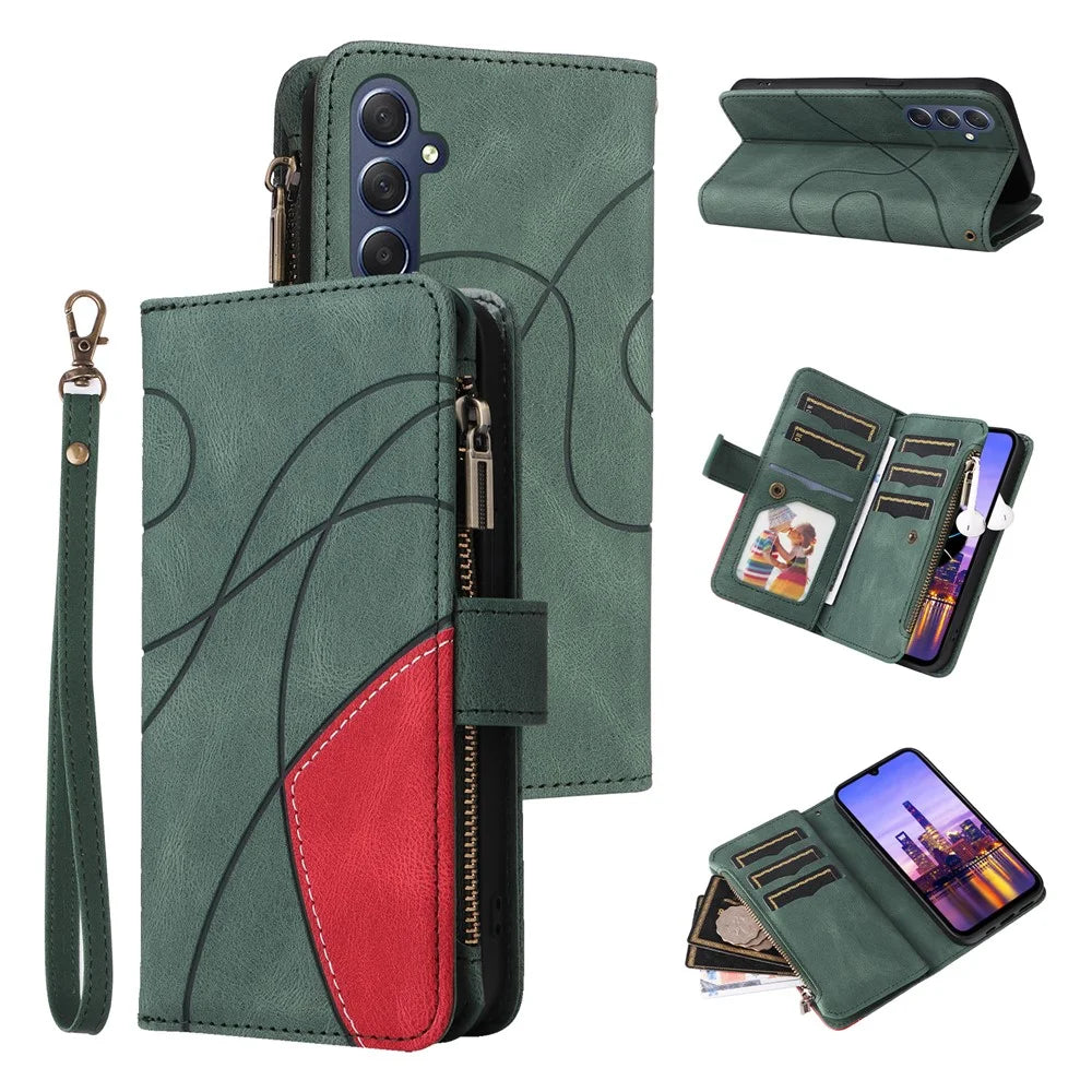 For Samsung Galaxy A18 5G / A17 5G / A17 4G / A26 5G / A16 5G / A16 4G Leather Case with Strap Zipper 9 Card Slot Phone Cover Stand - Green - 1
