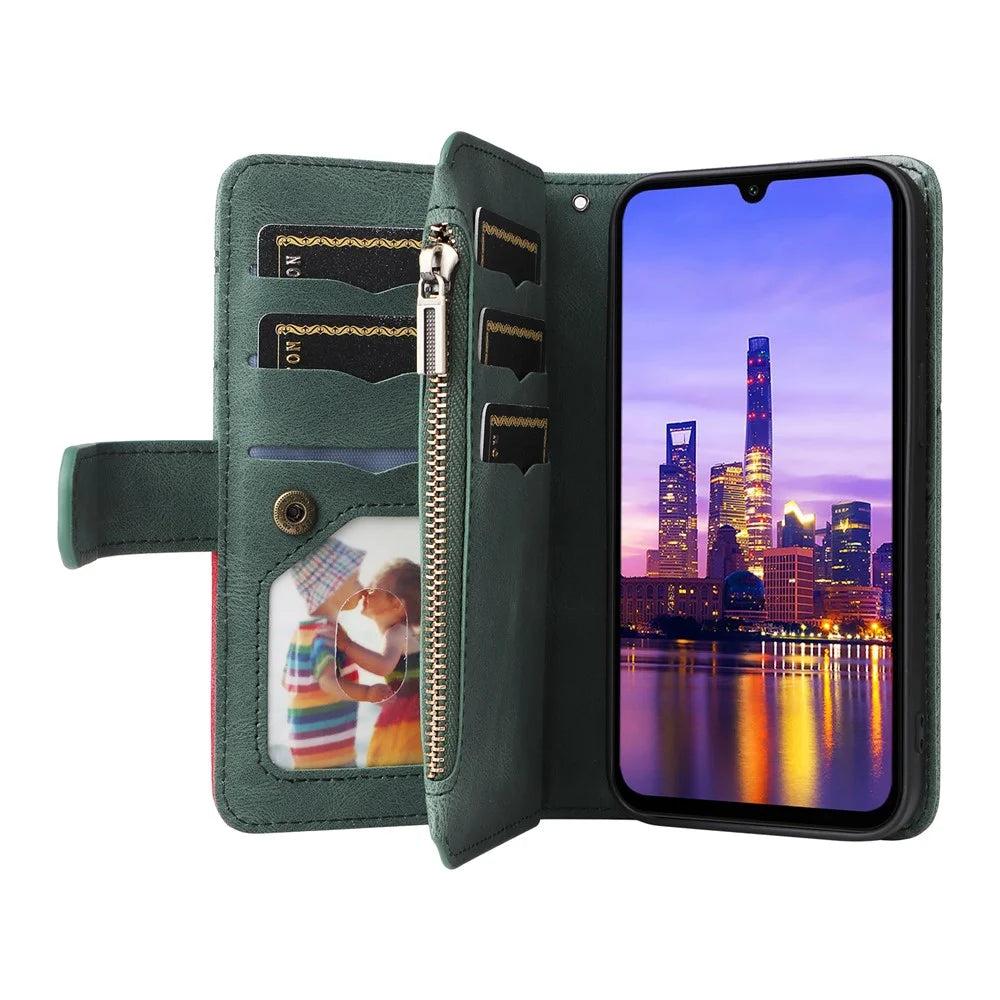 For Samsung Galaxy A18 5G / A17 5G / A17 4G / A26 5G / A16 5G / A16 4G Leather Case with Strap Zipper 9 Card Slot Phone Cover Stand - Green - 2