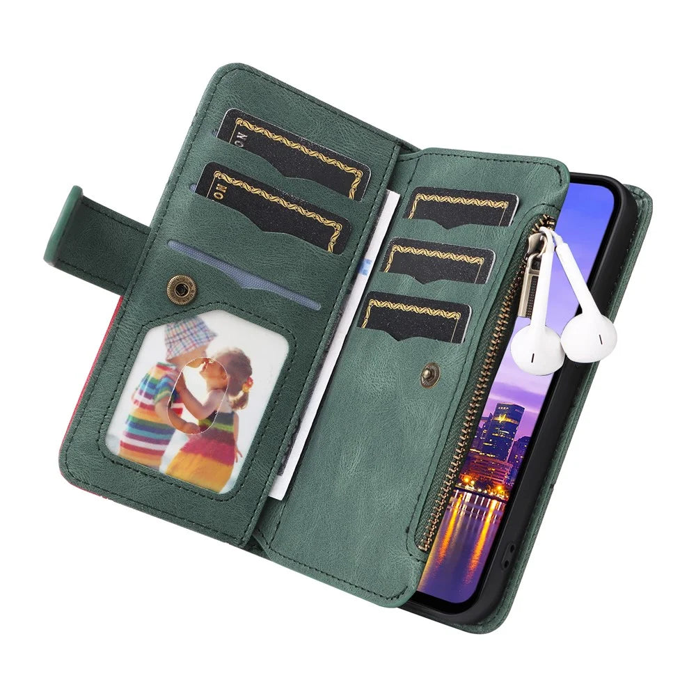 For Samsung Galaxy A18 5G / A17 5G / A17 4G / A26 5G / A16 5G / A16 4G Leather Case with Strap Zipper 9 Card Slot Phone Cover Stand - Green - 5