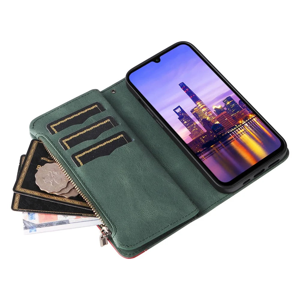 For Samsung Galaxy A18 5G / A17 5G / A17 4G / A26 5G / A16 5G / A16 4G Leather Case with Strap Zipper 9 Card Slot Phone Cover Stand - Green - 7