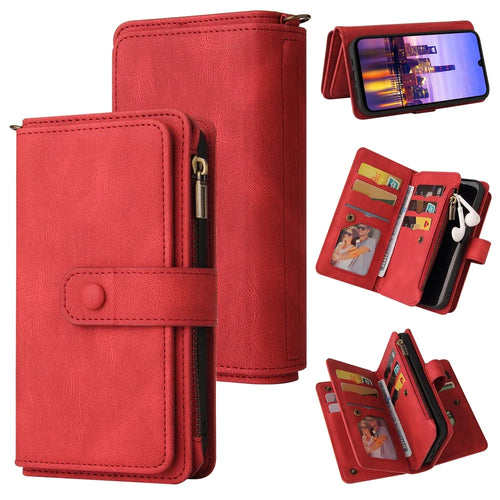 For Samsung Galaxy A18 5G / A17 5G / A17 4G / A26 5G / A16 5G / A16 4G Zipper Wallet Case with 15 Card Slots and Strap Leather Phone Cover - Red - 1