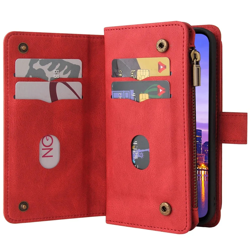 For Samsung Galaxy A18 5G / A17 5G / A17 4G / A26 5G / A16 5G / A16 4G Zipper Wallet Case with 15 Card Slots and Strap Leather Phone Cover - Red - 4