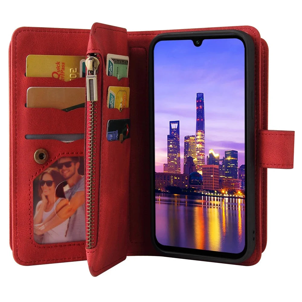 For Samsung Galaxy A18 5G / A17 5G / A17 4G / A26 5G / A16 5G / A16 4G Zipper Wallet Case with 15 Card Slots and Strap Leather Phone Cover - Red - 5