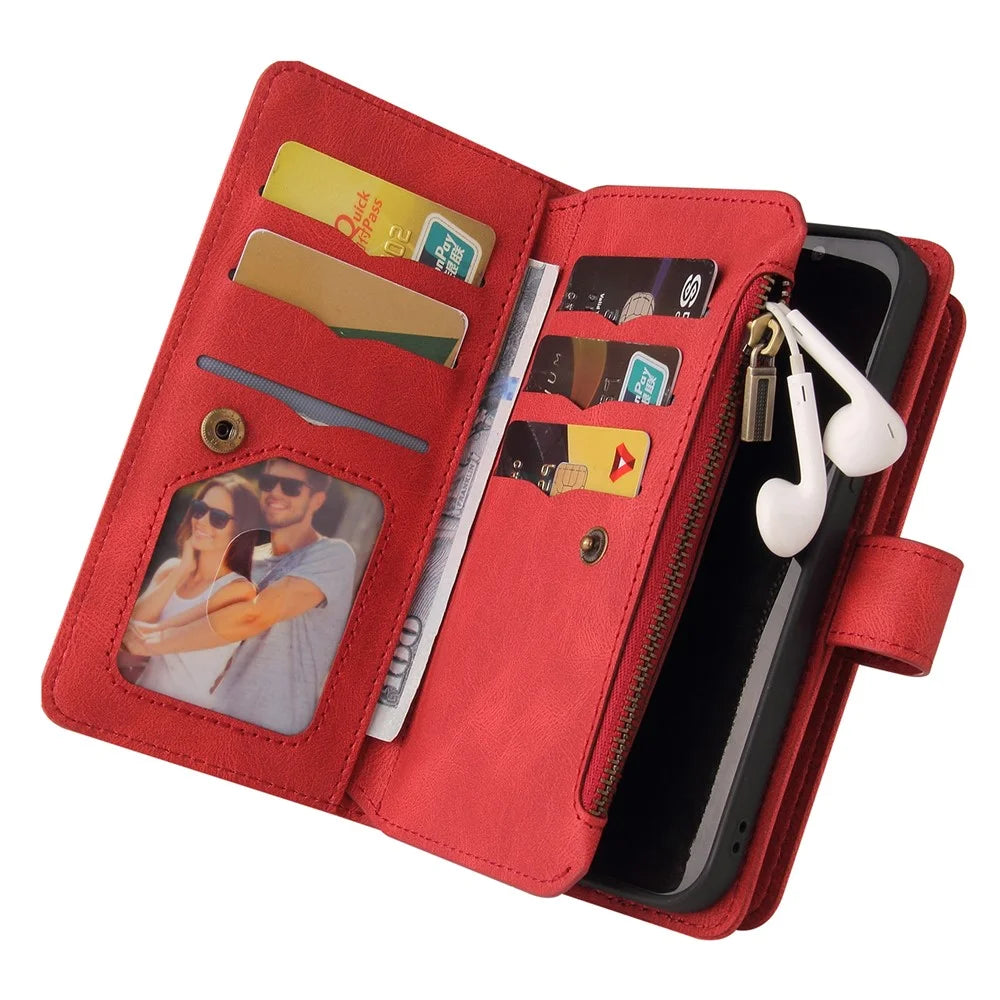 For Samsung Galaxy A18 5G / A17 5G / A17 4G / A26 5G / A16 5G / A16 4G Zipper Wallet Case with 15 Card Slots and Strap Leather Phone Cover - Red - 6