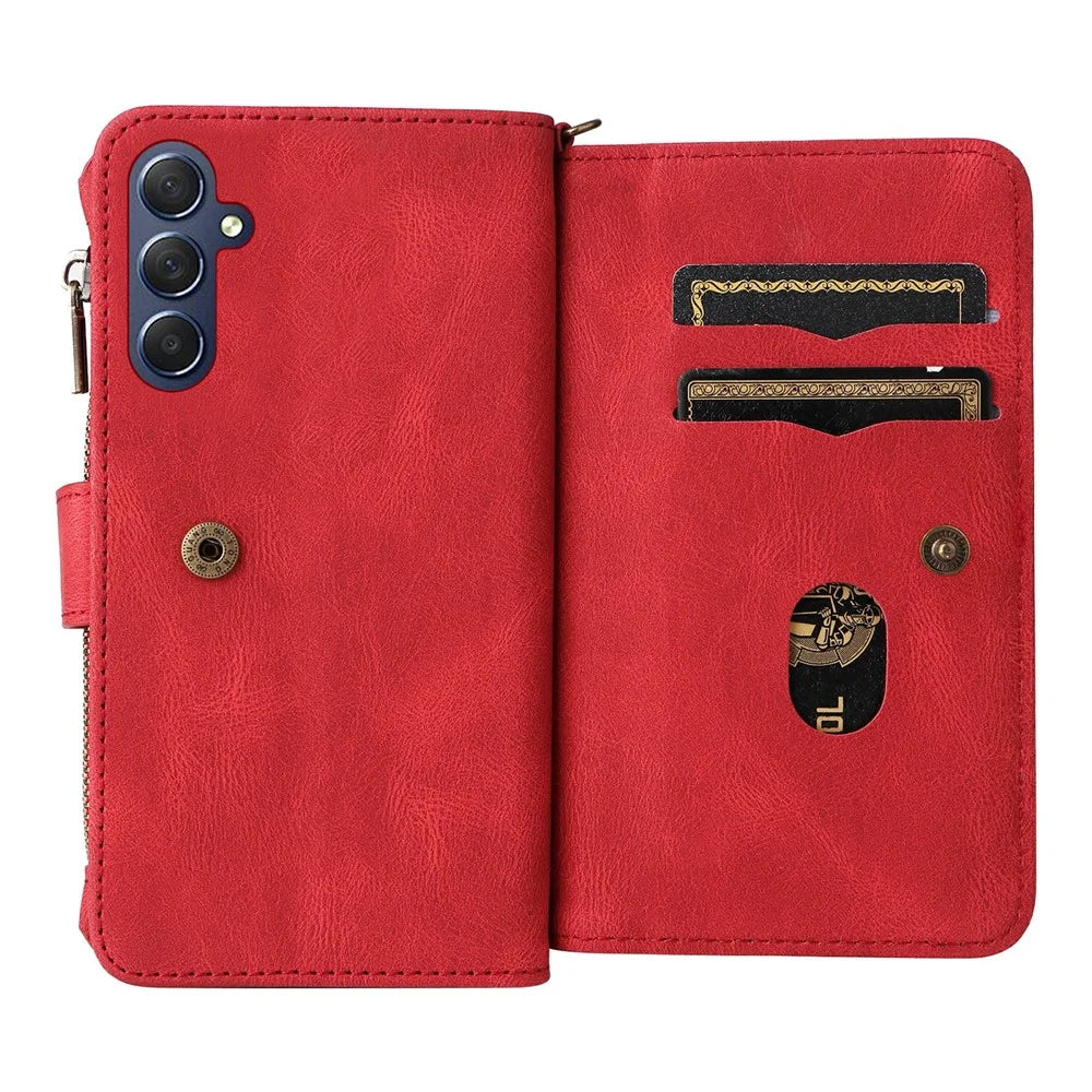 For Samsung Galaxy A18 5G / A17 5G / A17 4G / A26 5G / A16 5G / A16 4G Zipper Wallet Case with 15 Card Slots and Strap Leather Phone Cover - Red - 7