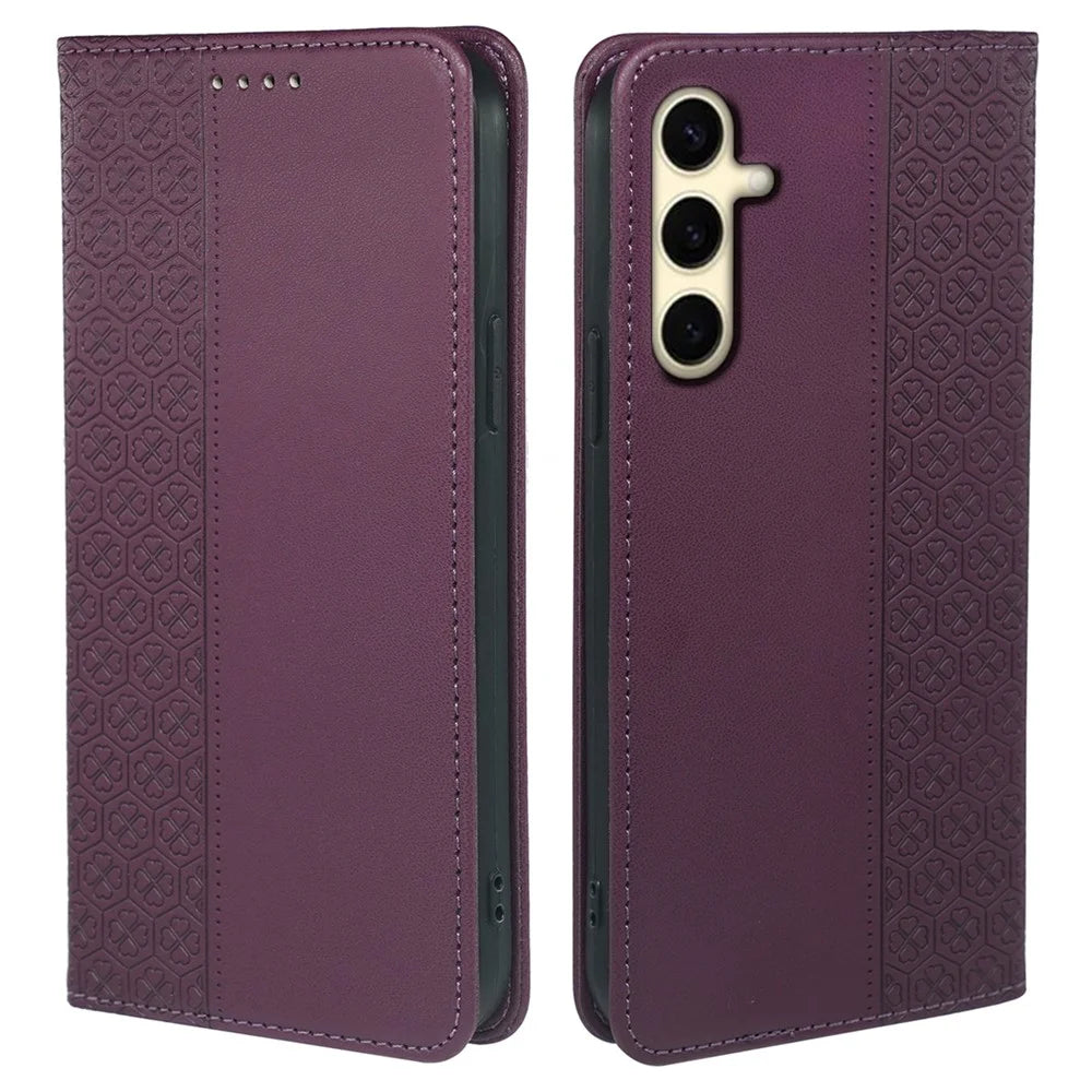 For Samsung Galaxy A16 5G / A16 4G Case Four-Leaf Clover Leather Flip Phone Cover Stand Wallet - Dark Purple - 1