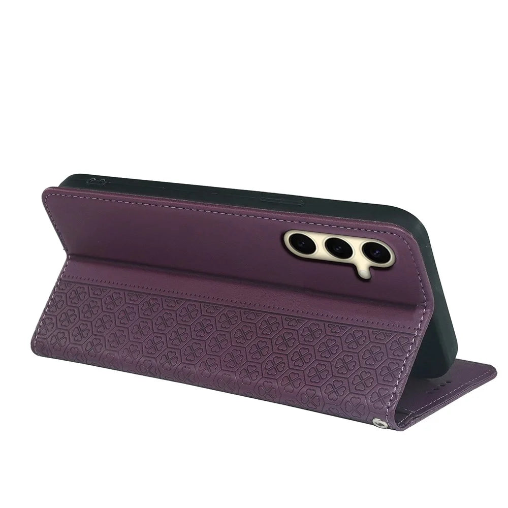 For Samsung Galaxy A16 5G / A16 4G Case Four-Leaf Clover Leather Flip Phone Cover Stand Wallet - Dark Purple - 4