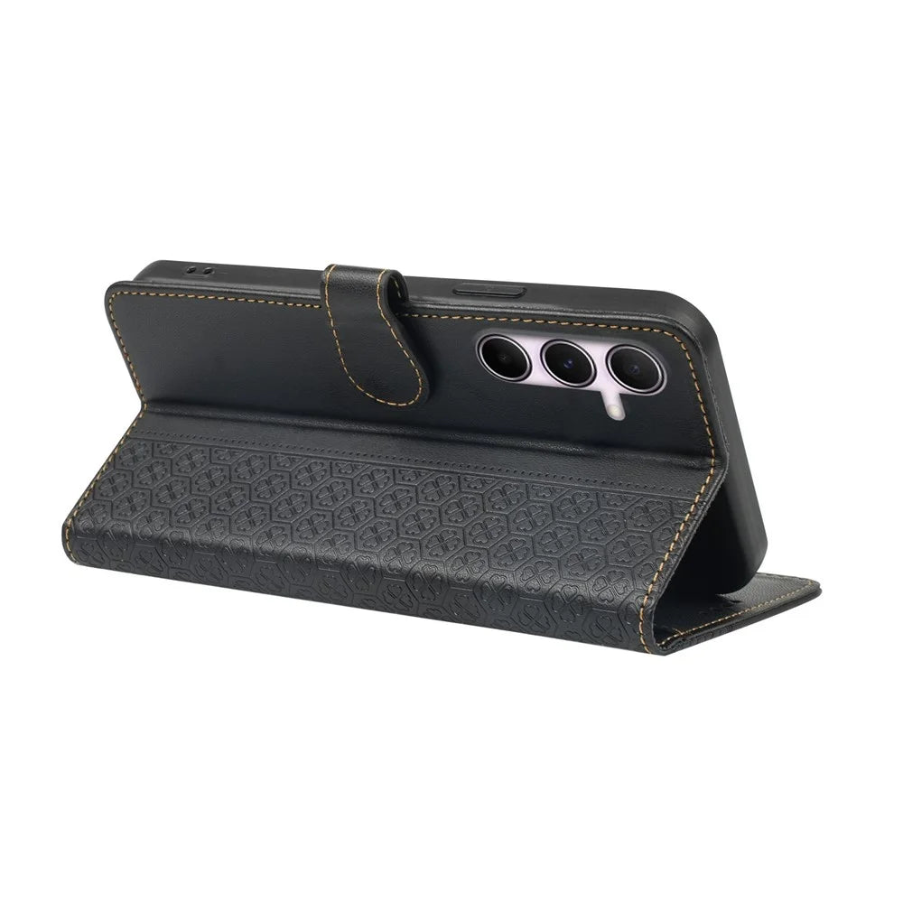 For Samsung Galaxy A16 5G / A16 4G Case Magnetic Clasp Four-Leaf Clover Leather Phone Cover - Black - 4