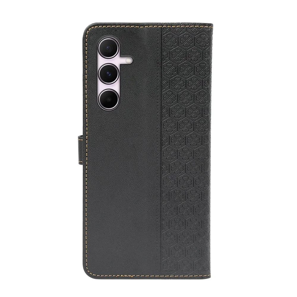 For Samsung Galaxy A16 5G / A16 4G Case Magnetic Clasp Four-Leaf Clover Leather Phone Cover - Black - 6