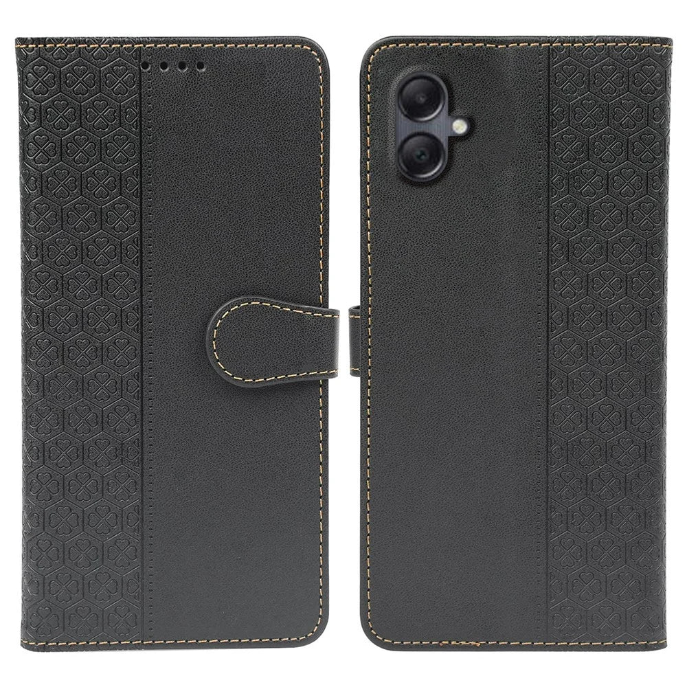 For Samsung Galaxy A06 4G Case Magnetic Clasp Four-Leaf Clover Leather Phone Cover - Black - 1
