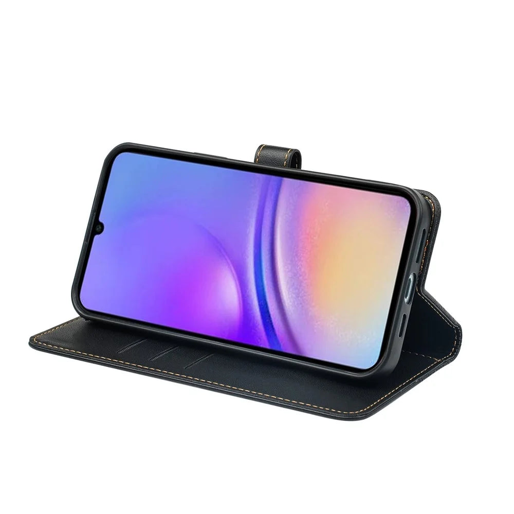 For Samsung Galaxy A06 4G Case Magnetic Clasp Four-Leaf Clover Leather Phone Cover - Black - 3