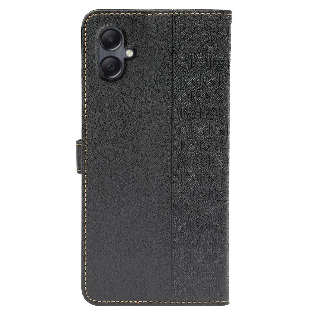 For Samsung Galaxy A06 4G Case Magnetic Clasp Four-Leaf Clover Leather Phone Cover - Black - 6