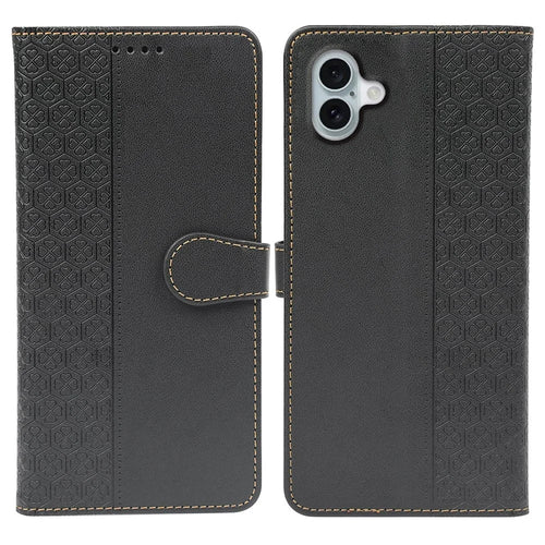 For iPhone 16 Case Magnetic Clasp Four-Leaf Clover Leather Phone Cover - Black - 1