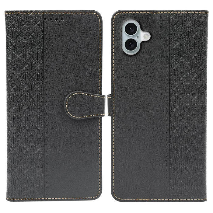For iPhone 16 Case Magnetic Clasp Four-Leaf Clover Leather Phone Cover - Black - 1