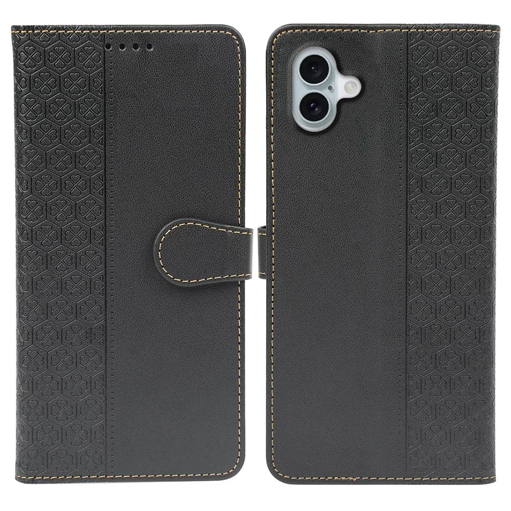 For iPhone 16 Plus Case Magnetic Clasp Four-Leaf Clover Leather Phone Cover - Black - 1