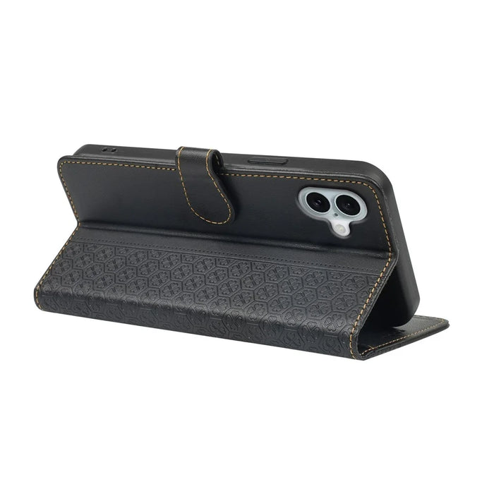 For iPhone 16 Plus Case Magnetic Clasp Four-Leaf Clover Leather Phone Cover - Black - 4