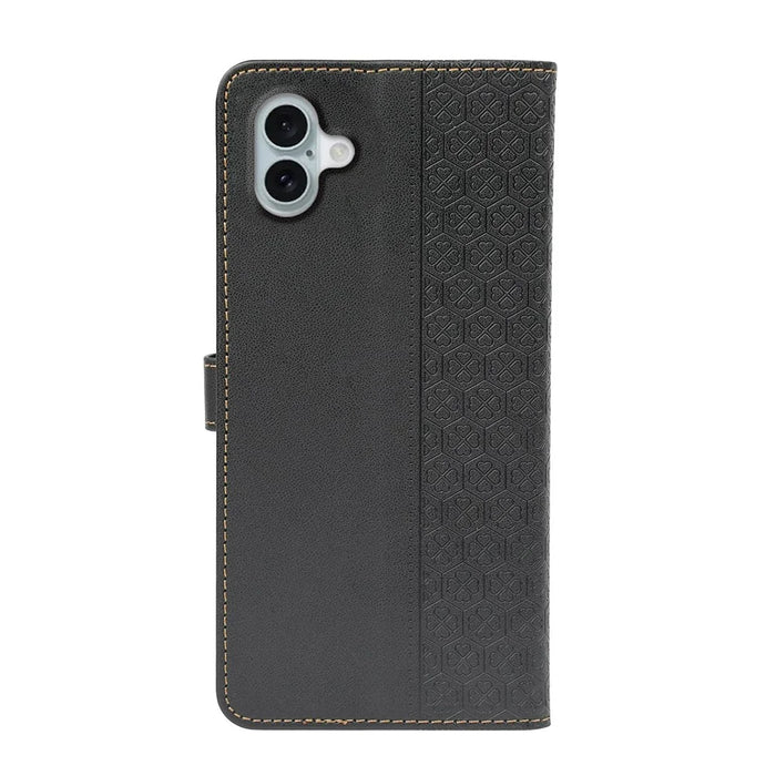 For iPhone 16 Plus Case Magnetic Clasp Four-Leaf Clover Leather Phone Cover - Black - 6