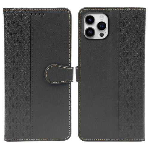 For iPhone 16 Pro Case Magnetic Clasp Four-Leaf Clover Leather Phone Cover - Black - 1