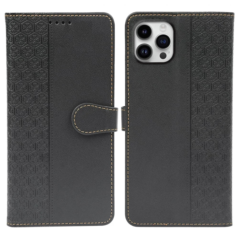 For iPhone 16 Pro Case Magnetic Clasp Four-Leaf Clover Leather Phone Cover - Black - 1