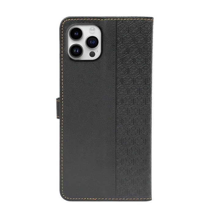 For iPhone 16 Pro Case Magnetic Clasp Four-Leaf Clover Leather Phone Cover - Black - 6