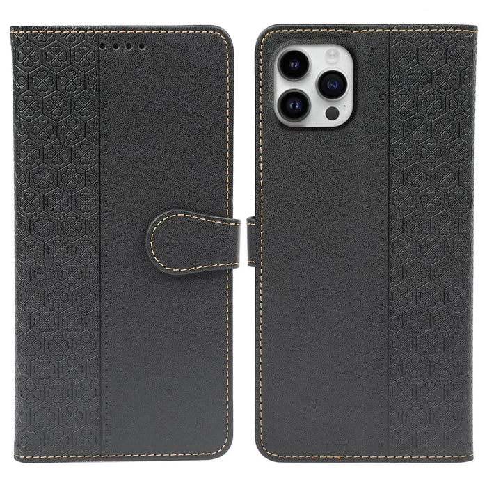 For iPhone 16 Pro Max Case Magnetic Clasp Four-Leaf Clover Leather Phone Cover - Black - 1