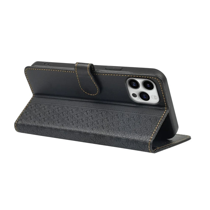 For iPhone 16 Pro Max Case Magnetic Clasp Four-Leaf Clover Leather Phone Cover - Black - 4