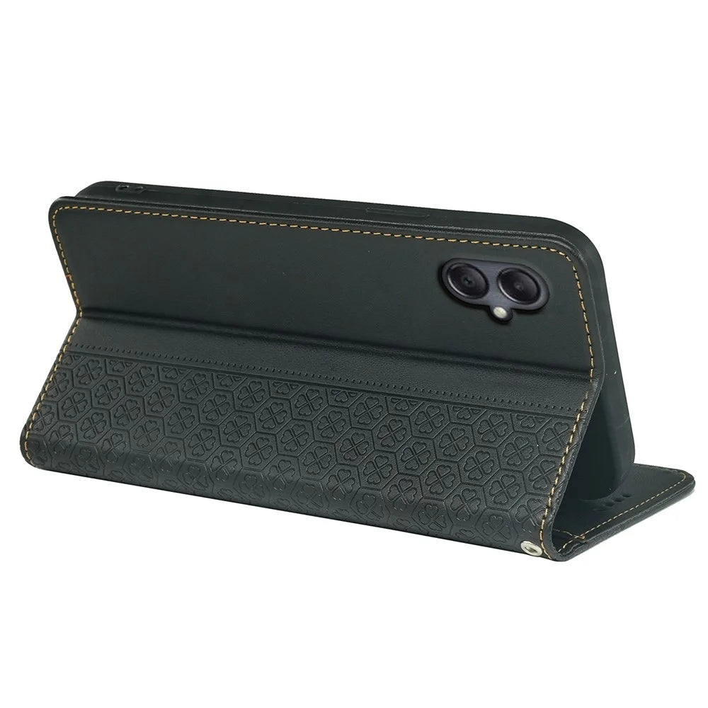 For Samsung Galaxy A06 4G Case Four-Leaf Clover Leather Flip Phone Cover Stand Wallet - Black - 4