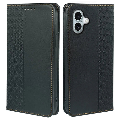 For iPhone 16 Case Four-Leaf Clover Leather Flip Phone Cover Stand Wallet - Black - 1