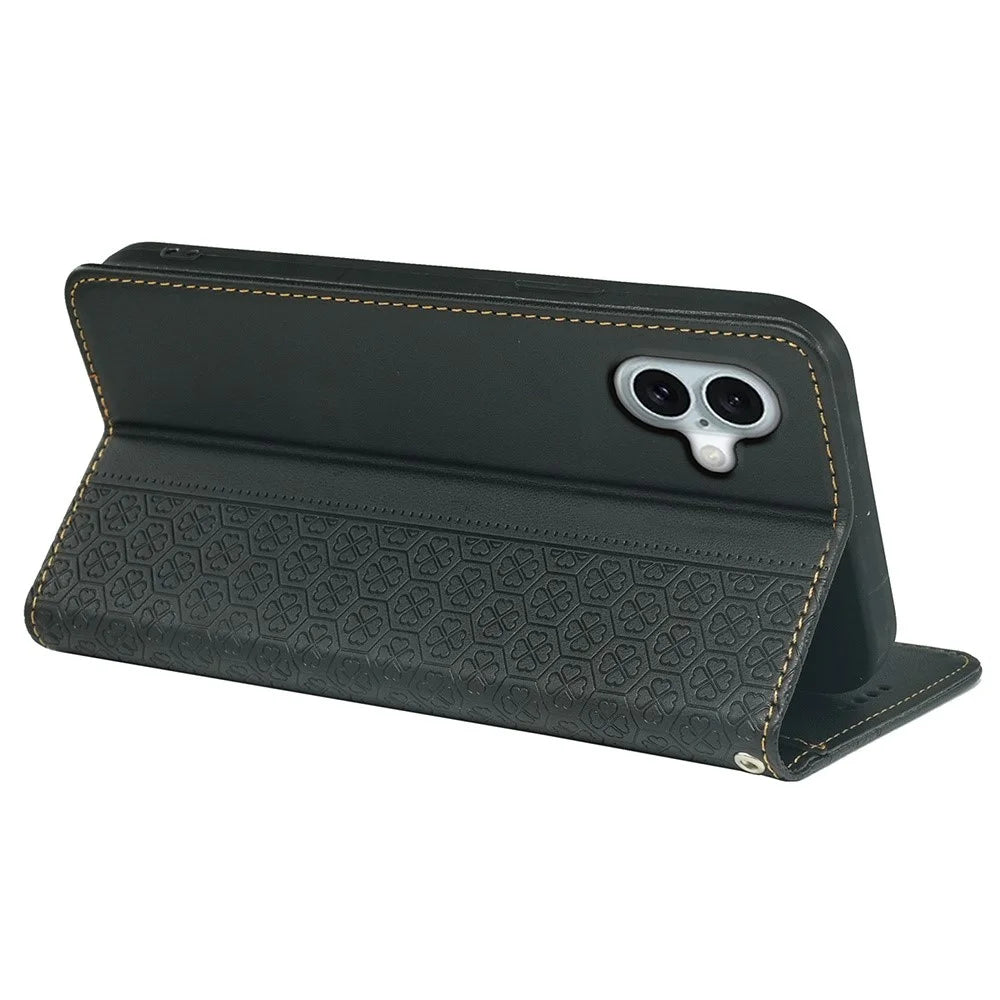 For iPhone 16 Case Four-Leaf Clover Leather Flip Phone Cover Stand Wallet - Black - 4