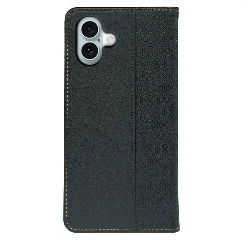 For iPhone 16 Case Four-Leaf Clover Leather Flip Phone Cover Stand Wallet - Black - 5