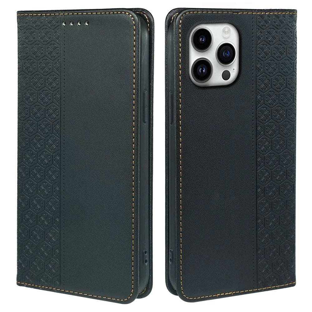 For iPhone 16 Pro Case Four-Leaf Clover Leather Flip Phone Cover Stand Wallet - Black - 1