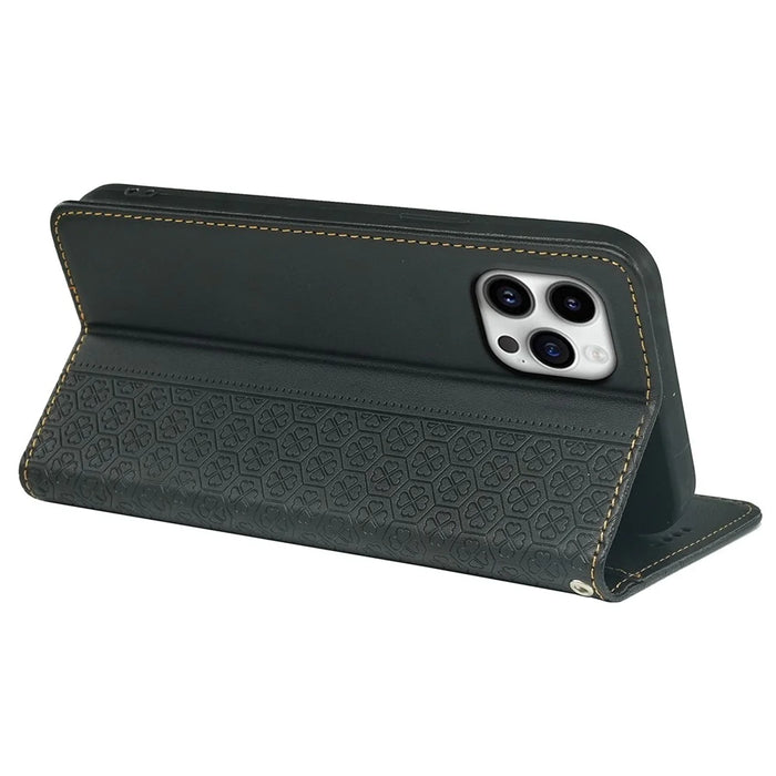 For iPhone 16 Pro Case Four-Leaf Clover Leather Flip Phone Cover Stand Wallet - Black - 4