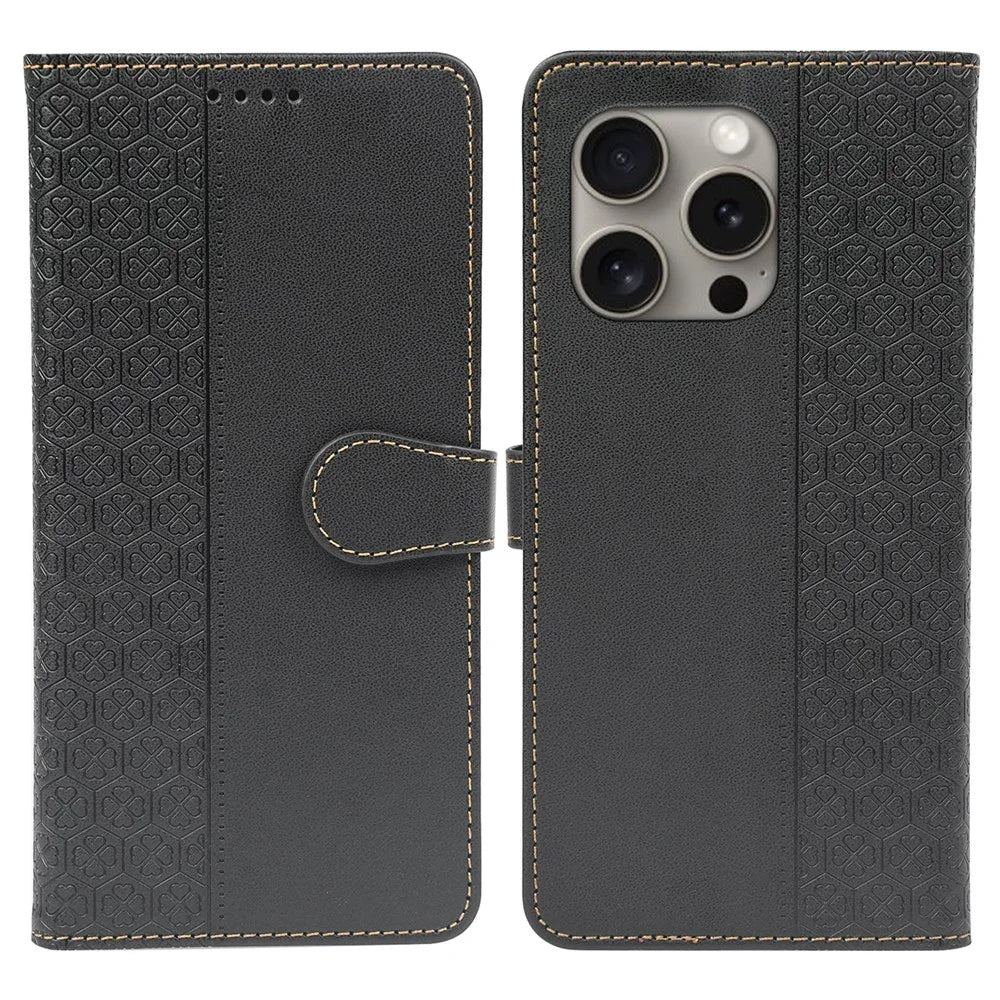 For iPhone 15 Pro Case Magnetic Clasp Four-Leaf Clover Leather Phone Cover - Black - 1