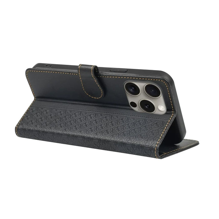 For iPhone 15 Pro Case Magnetic Clasp Four-Leaf Clover Leather Phone Cover - Black - 4
