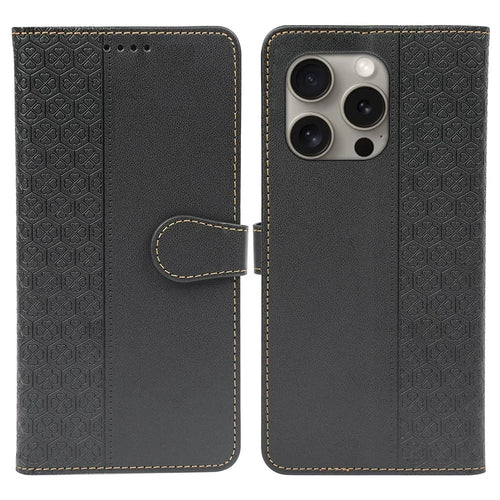 For iPhone 15 Pro Max Case Magnetic Clasp Four-Leaf Clover Leather Phone Cover - Black - 1