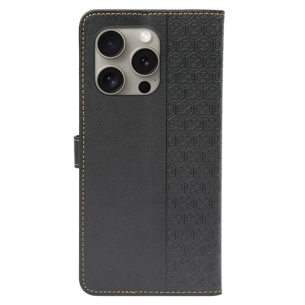 For iPhone 15 Pro Max Case Magnetic Clasp Four-Leaf Clover Leather Phone Cover - Black - 6